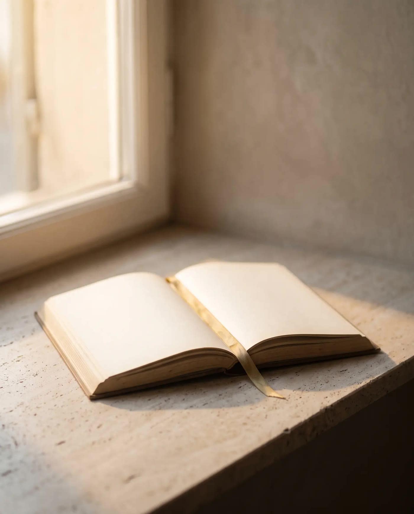 An open book on a pale stone ledge beside a window, in warm morning light.